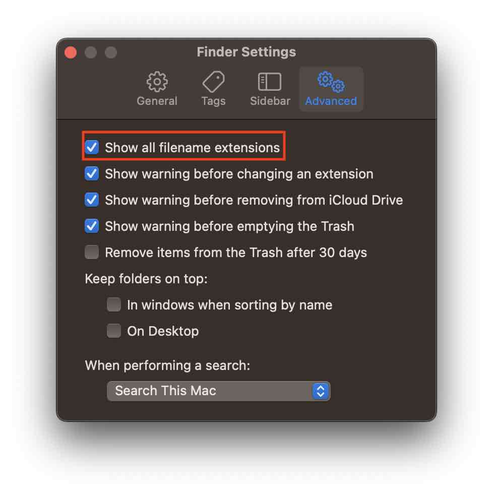 Show file extenstions on all files macOS